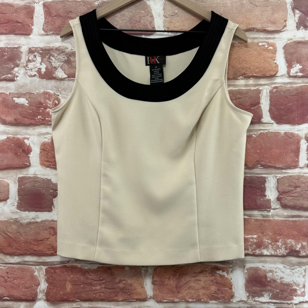 Vintage R&K Originals Top Womens 14 Cream Black Herringbone Camisole Tank Shirt